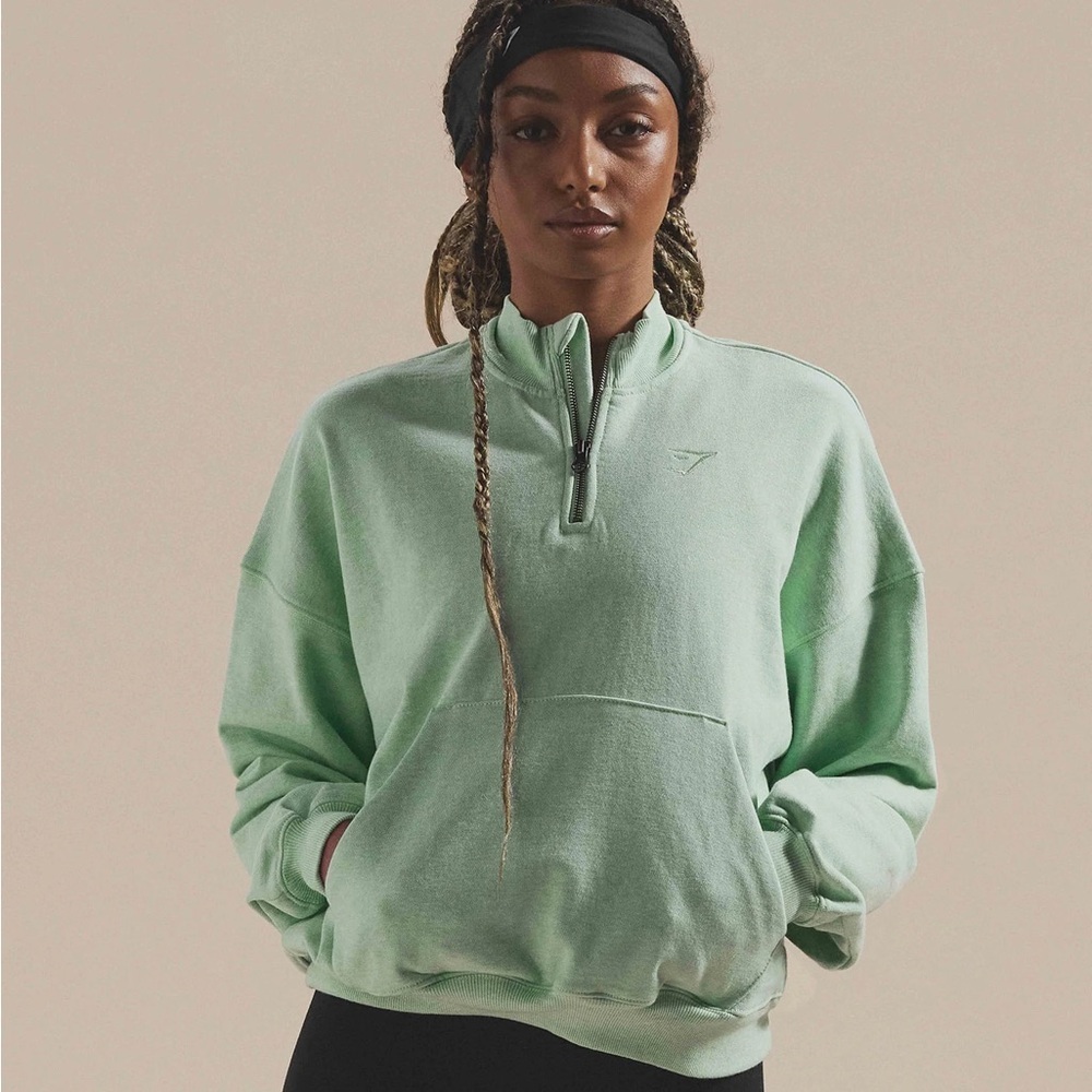 ❄️ Gymshark Rest Day Sweats 1/2 Zip Pullover Refreshing Green Marl Small
